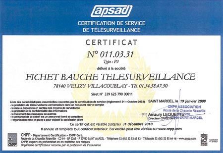 Certificat de télésurveillance Fichet Bauche